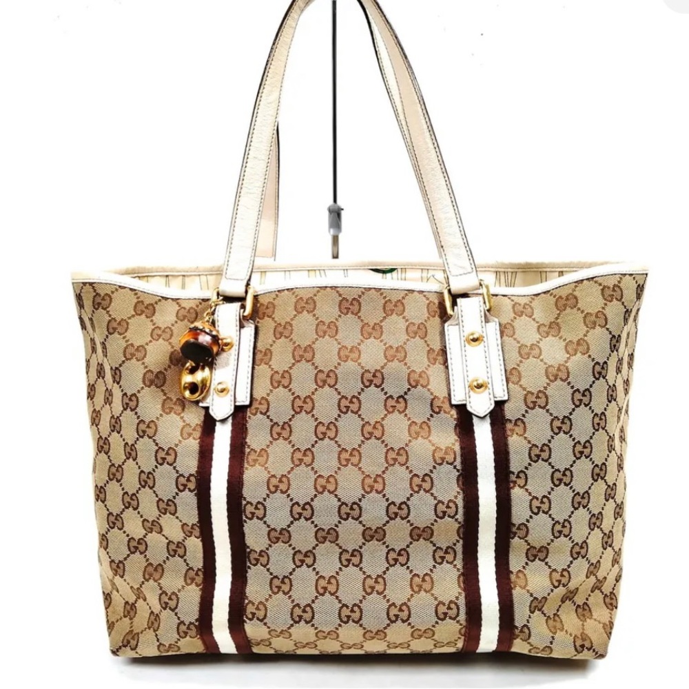 Gucci canvas Jackie tote bag with white leather